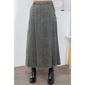 Young Threads Gravel A-Line High Waist Hand Embroidered Denim Western Maxi Skirt